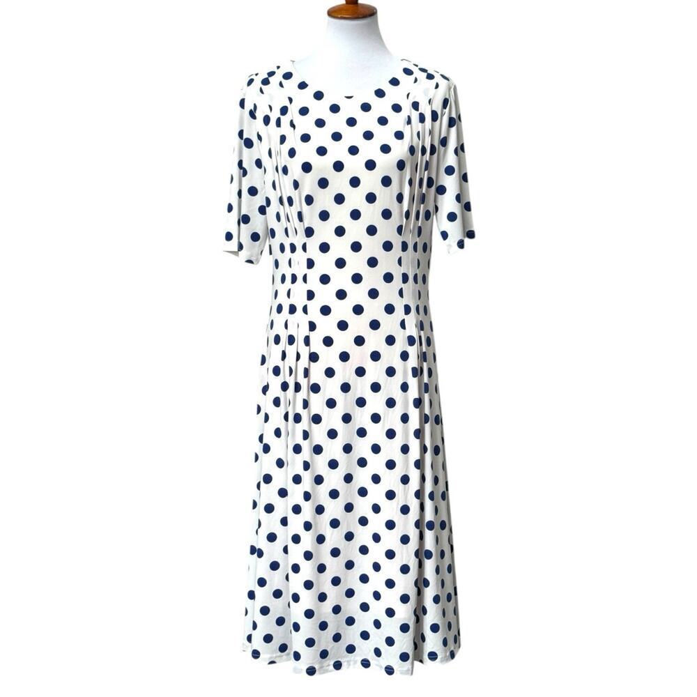 J. Peterman Dress Women’s White Blue Polka Dot Stretchy Jersey Knit Midi Size 14